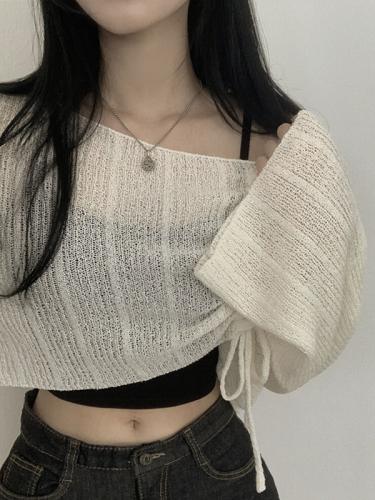 Real shot original Korean version of drawstring bow sunscreen blouse ice silk long sleeve knit sweater one-shoulder pullover sweater