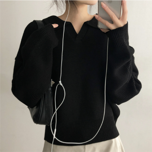 Original Footage Winter Collarless Hooded Knit Korean Style Thick Plain Color V-Neck Sweatshirt Knit Top Women