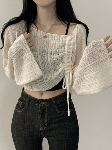 Real shot original Korean version of drawstring bow sunscreen blouse ice silk long sleeve knit sweater one-shoulder pullover sweater