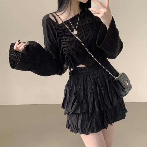 Real shot original Korean version of drawstring bow sunscreen blouse ice silk long sleeve knit sweater one-shoulder pullover sweater