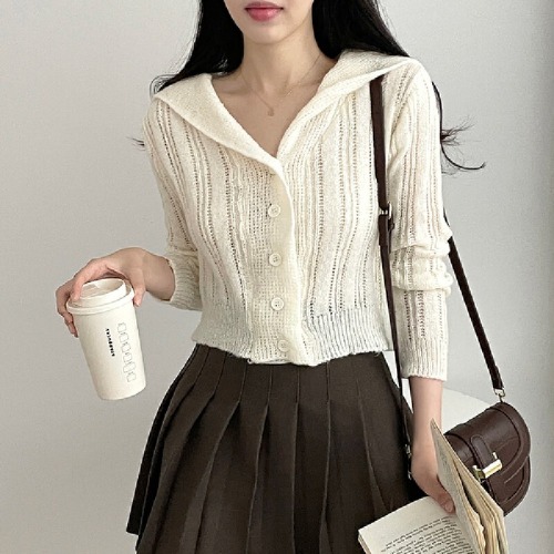 Spot original navy neck thin ice silk long sleeve knitted cardigan Hong Kong style slim pure sun protection jacket sweater