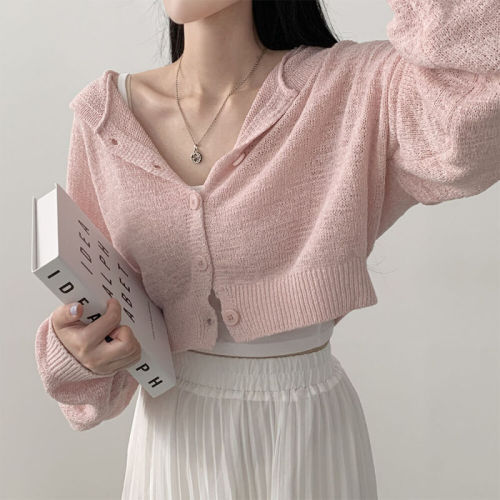 Real shot Korean version of lazy style thin short ice silk loose solid color lantern sleeve hooded long sleeve cardigan knitted sweater