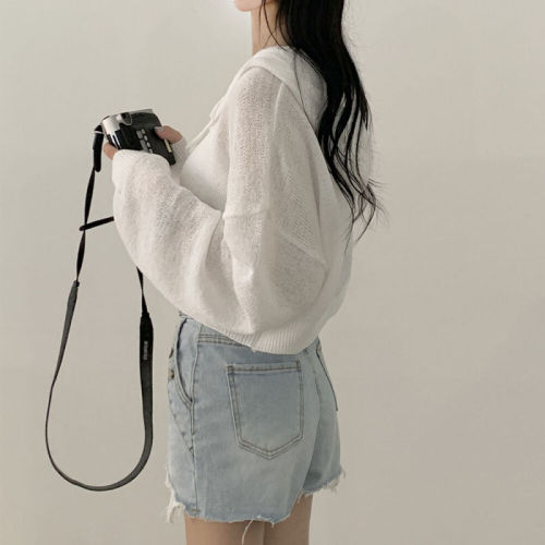 Real shot Korean version of lazy style thin short ice silk loose solid color lantern sleeve hooded long sleeve cardigan knitted sweater