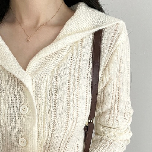 Spot original navy neck thin ice silk long sleeve knitted cardigan Hong Kong style slim pure sun protection jacket sweater