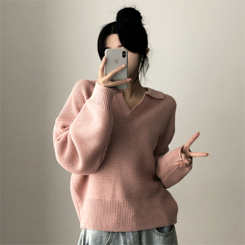 Original Footage Winter Collarless Hooded Knit Korean Style Thick Plain Color V-Neck Sweatshirt Knit Top Women