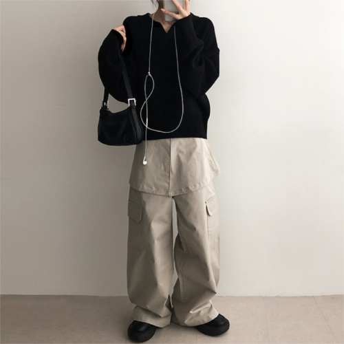 Original Footage Winter Collarless Hooded Knit Korean Style Thick Plain Color V-Neck Sweatshirt Knit Top Women