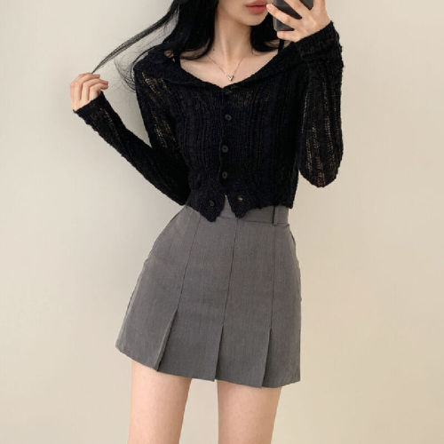 Spot original navy neck thin ice silk long sleeve knitted cardigan Hong Kong style slim pure sun protection jacket sweater