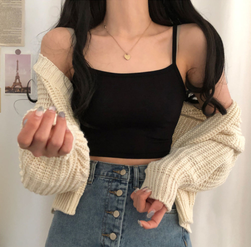 Real shot of suspender beautiful back solid color short leaking navel strapless sleeveless anti-exposure sexy vest top