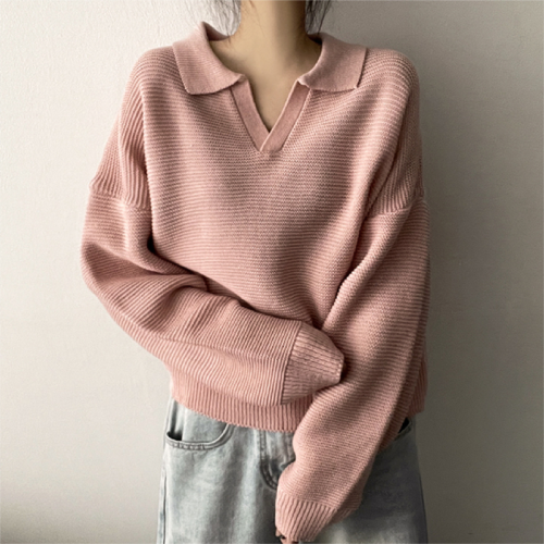 Original Footage Winter Collarless Hooded Knit Korean Style Thick Plain Color V-Neck Sweatshirt Knit Top Women