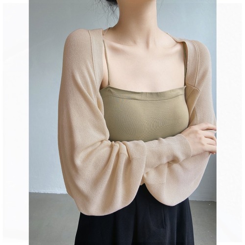 French small vest ice silk knitted sun protection cardigan for women's thin shawl for summer with suspender skirt and blouse top