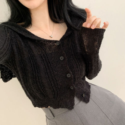 Spot original navy neck thin ice silk long sleeve knitted cardigan Hong Kong style slim pure sun protection jacket sweater