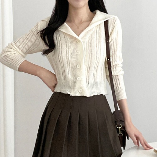 Spot original navy neck thin ice silk long sleeve knitted cardigan Hong Kong style slim pure sun protection jacket sweater