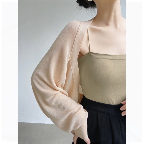 French small vest ice silk knitted sun protection cardigan for women's thin shawl for summer with suspender skirt and blouse top
