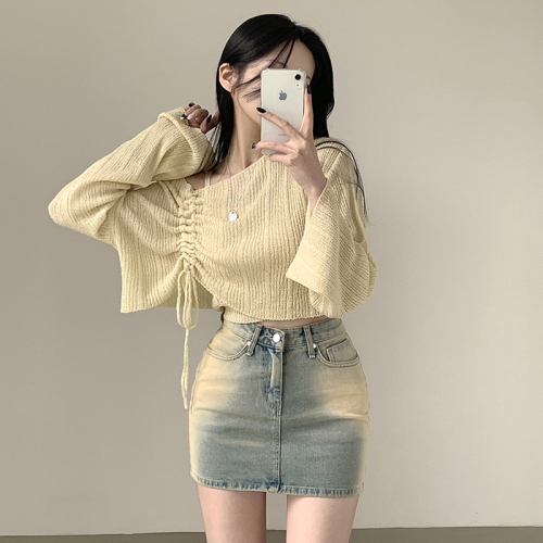 Real shot original Korean version of drawstring bow sunscreen blouse ice silk long sleeve knit sweater one-shoulder pullover sweater