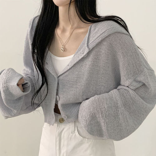 Real shot Korean version of lazy style thin short ice silk loose solid color lantern sleeve hooded long sleeve cardigan knitted sweater