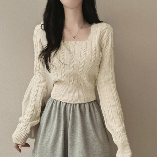 Original real shot Korean version of casual autumn and winter twist knitted sweater single row button square collar solid color base top for women