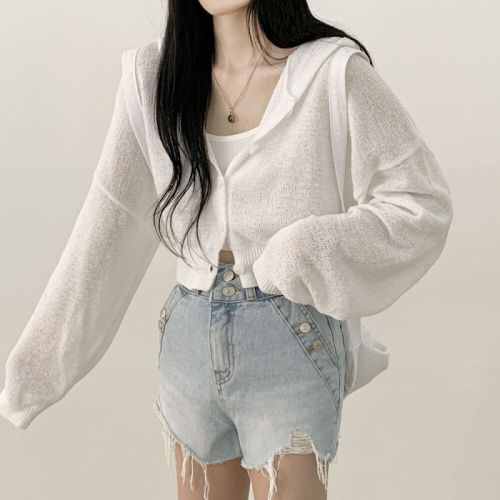Real shot Korean version of lazy style thin short ice silk loose solid color lantern sleeve hooded long sleeve cardigan knitted sweater