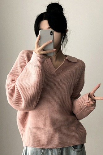 Original Footage Winter Collarless Hooded Knit Korean Style Thick Plain Color V-Neck Sweatshirt Knit Top Women