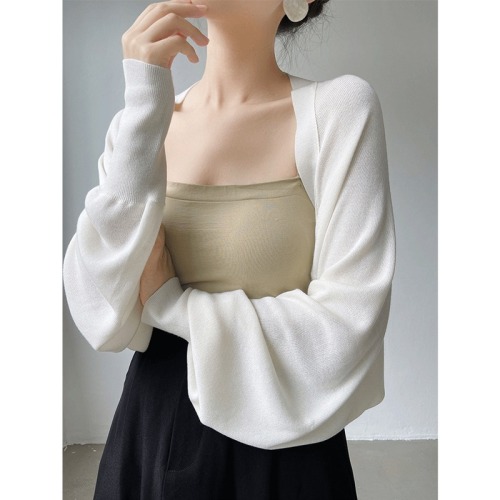 French small vest ice silk knitted sun protection cardigan for women's thin shawl for summer with suspender skirt and blouse top