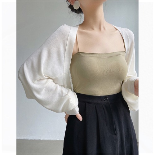 French small vest ice silk knitted sun protection cardigan for women's thin shawl for summer with suspender skirt and blouse top