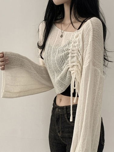 Real shot original Korean version of drawstring bow sunscreen blouse ice silk long sleeve knit sweater one-shoulder pullover sweater