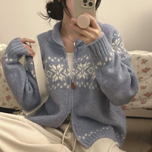 South Korean chic autumn/winter niche retro color-blocking jacquard design loose and versatile long-sleeved knitted sweater woman's coat