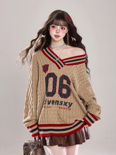 American retro v-neck pullover sweater for women in autumn and winter outfits lazy style design loose contrasting sweater top