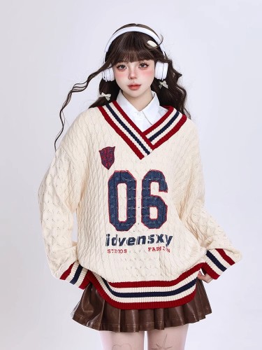 American retro v-neck pullover sweater for women in autumn and winter outfits lazy style design loose contrasting sweater top