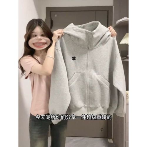 Vintage American High-Neck Cardigan Hooded Sweatshirt for Women 2025 Autumn Loose Design Fashion Niche Couple Zip-Up Jacket