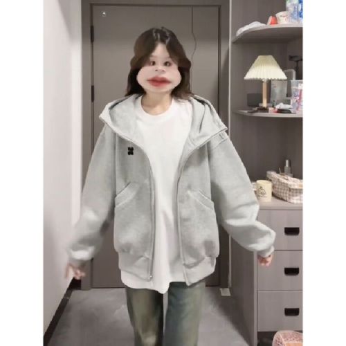 Vintage American High-Neck Cardigan Hooded Sweatshirt for Women 2025 Autumn Loose Design Fashion Niche Couple Zip-Up Jacket