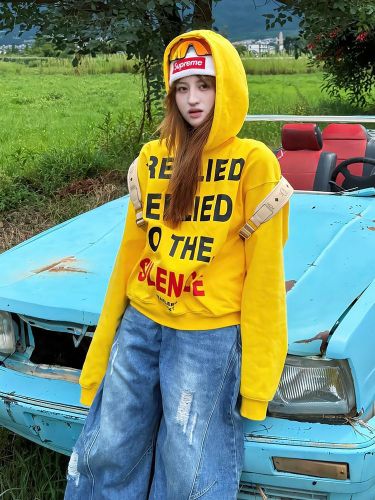 Cotton and Polyester Blended Milk Fiber 320g Vintage American Letter Print Hooded Sweatshirt for Women - Autumn/Winter