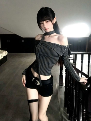 Cute Cotton Striped Fabric One-Shoulder Striped Long-Sleeve T-Shirt for Women Pure Desire Top