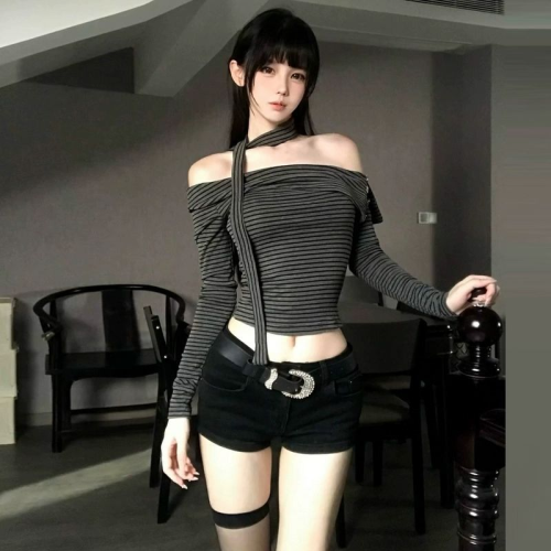 Cute Cotton Striped Fabric One-Shoulder Striped Long-Sleeve T-Shirt for Women Pure Desire Top
