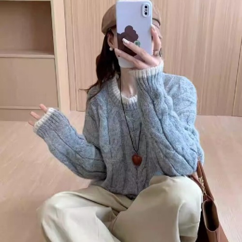 Sweet & Chic Fufu Autumn/Winter New Arrival Korean-Style Loose Cable-Knit Sweater with Colorblock, Round-Neck Pullover Top for Women