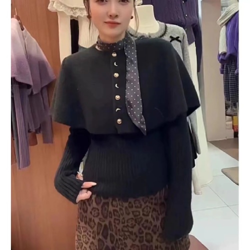 French retro polka dot ribbon crew neck cloak cardigan knitted sweater soft and warm women's winter two-piece set