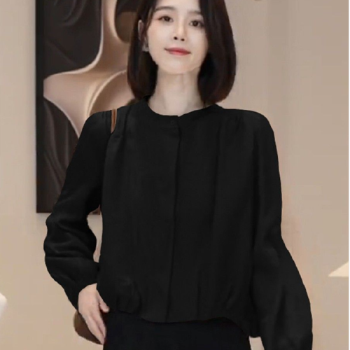 French Retro High-End Round Neck Long Sleeve Solid Color Women's Autumn New Unique and Unique Exquisite Short-Sleeve Top