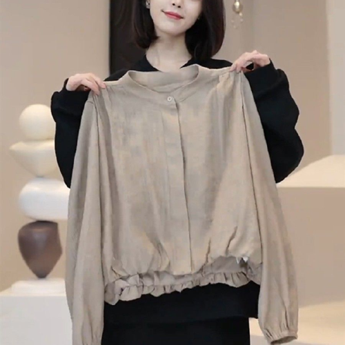 French Retro High-End Round Neck Long Sleeve Solid Color Women's Autumn New Unique and Unique Exquisite Short-Sleeve Top