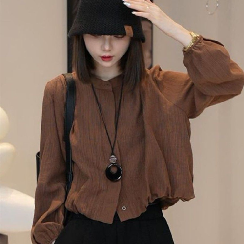 French Retro High-End Round Neck Long Sleeve Solid Color Women's Autumn New Unique and Unique Exquisite Short-Sleeve Top