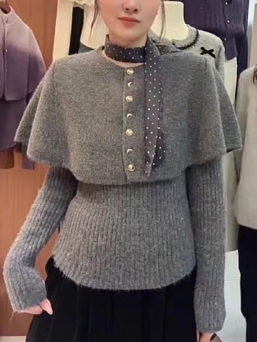French retro polka dot ribbon crew neck cloak cardigan knitted sweater soft and warm women's winter two-piece set