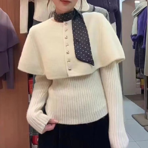 French retro polka dot ribbon crew neck cloak cardigan knitted sweater soft and warm women's winter two-piece set