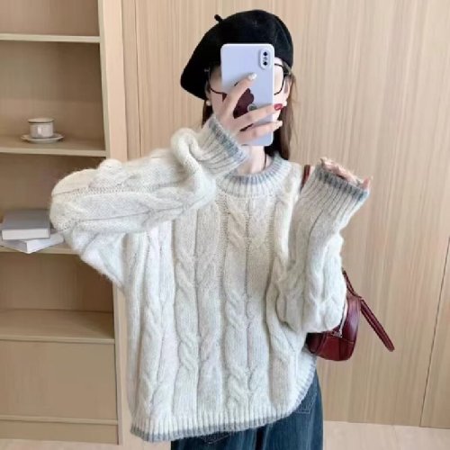 Sweet & Chic Fufu Autumn/Winter New Arrival Korean-Style Loose Cable-Knit Sweater with Colorblock, Round-Neck Pullover Top for Women