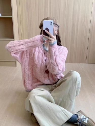 Sweet & Chic Fufu Autumn/Winter New Arrival Korean-Style Loose Cable-Knit Sweater with Colorblock, Round-Neck Pullover Top for Women