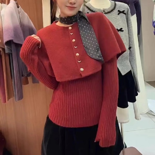French retro polka dot ribbon crew neck cloak cardigan knitted sweater soft and warm women's winter two-piece set