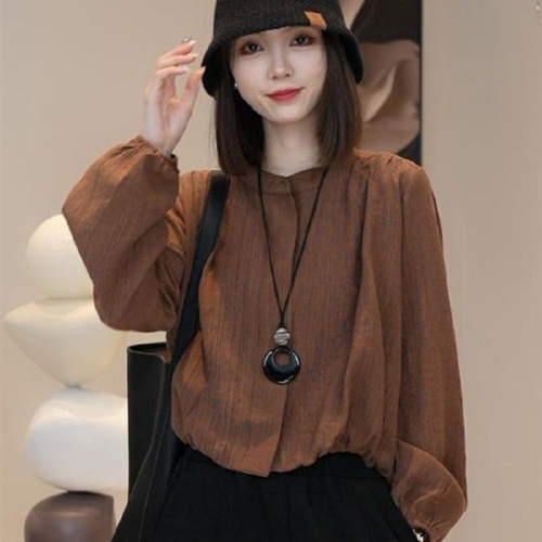 French Retro High-End Round Neck Long Sleeve Solid Color Women's Autumn New Unique and Unique Exquisite Short-Sleeve Top