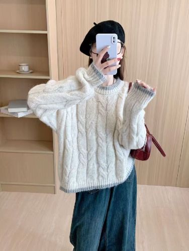 Sweet & Chic Fufu Autumn/Winter New Arrival Korean-Style Loose Cable-Knit Sweater with Colorblock, Round-Neck Pullover Top for Women