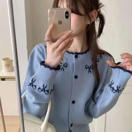 Women's Round Neck Knit Cardigan Top 2025 Korean Version Spring and Autumn New Arrival Butterfly Knot Embroidered Sweater Outerwear Short