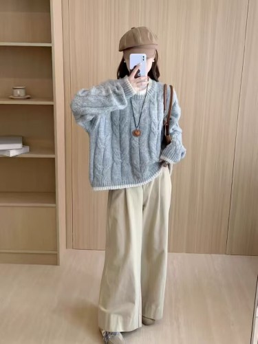 Sweet & Chic Fufu Autumn/Winter New Arrival Korean-Style Loose Cable-Knit Sweater with Colorblock, Round-Neck Pullover Top for Women