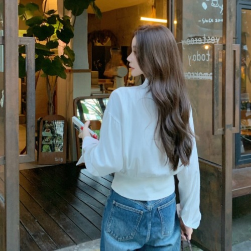 Real-shot! French-style high-intellect ribbon-design long-sleeve shirt for women—versatile side-placket, cropped, and available in white