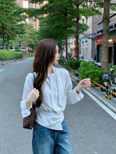 Real-shot! French-style high-intellect ribbon-design long-sleeve shirt for women—versatile side-placket, cropped, and available in white