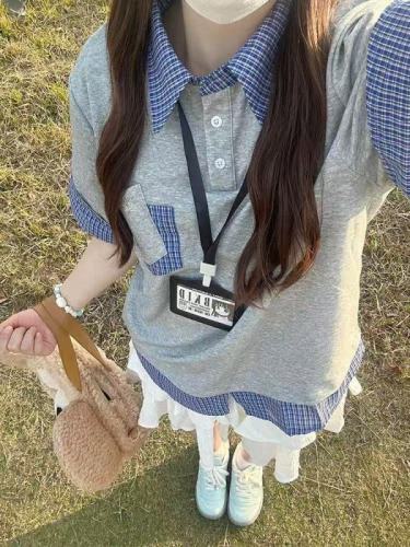 260g college style Polo collar plaid short-sleeved T-shirt for women in summer loose fake two-piece top